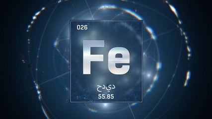 3D illustration of Iron as Element 26 of the Periodic Table. Blue illuminated atom design background orbiting electrons name, atomic weight element number in Arabic language