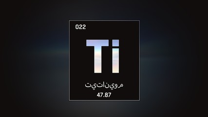 3D illustration of Titanium as Element 22 of the Periodic Table. Grey illuminated atom design background orbiting electrons name, atomic weight element number in Arabic language
