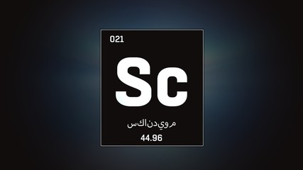 3D illustration of Scandium as Element 21 of the Periodic Table. Grey illuminated atom design background orbiting electrons name, atomic weight element number in Arabic language