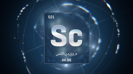 3D illustration of Scandium as Element 21 of the Periodic Table. Blue illuminated atom design background orbiting electrons name, atomic weight element number in Arabic language