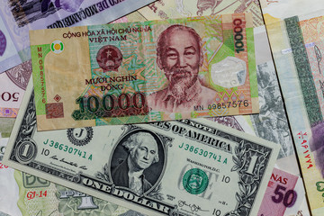 One  US Dollar with Different Vietnamese Dong Banknotes