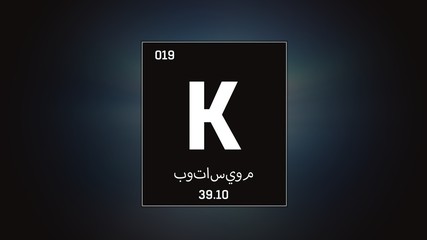 3D illustration of Potassium as Element 19 of the Periodic Table. Grey illuminated atom design background orbiting electrons name, atomic weight element number in Arabic language