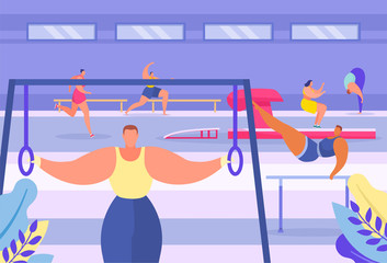 Acrobatic modern gymnastic sport gym, people pull up on crossbar, sporting event, cardiological exercise, flat vector illustration. Male, female running on track, high jump, physical activity workout.