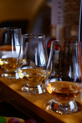 Flight of Scottish whisky, tasting glasses with variety of single malts or blended whiskey spirits on distillery tour in Scotland