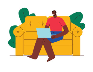 Colored vector illustration flat style. A man works from home. African American man on self-isolation. Work in quarantine. Worker sits at home on a sofa with a laptop