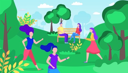 Summer city park rest, woman, female character people relax, lovely couple on date flat vector illustration. Outdoor national reserve, female running on ecological garden, vacation place.