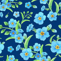 Fototapeta na wymiar Watercolor spring illustration. Watercolour forget-me-nots on a dark blue background.Seamless pattern