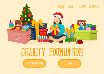 Fototapeta premium Christmas charity foundation web banner, character girl xmas present gift flat vector illustration. Button home about login contact. Young female donation present, charitable organization help person.