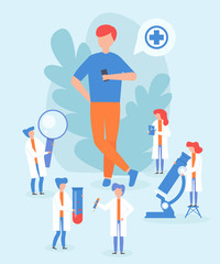 Complete medical test, full body therapeutic check male character, flat vector illustration. Tiny professional doctor, health care item magnifying glass, blood flask and microscope.