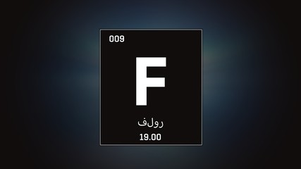 3D illustration of Fluorine as Element 9 of the Periodic Table. Grey illuminated atom design background orbiting electrons name, atomic weight element number in Arabic language