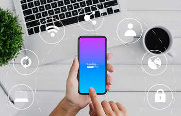 Online Communication Concept. Female worker using phone