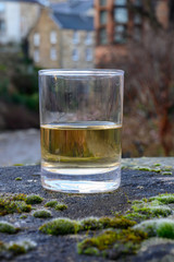 Scotch single malts or blended whisky spirits in glasses with old houses of Edinburgh on background, Scotland, UK