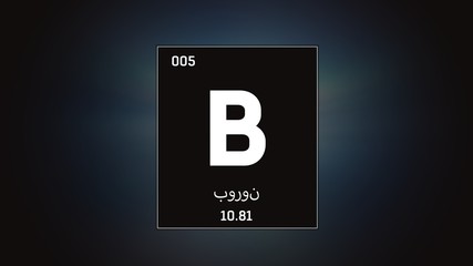 3D illustration of Boron as Element 5 of the Periodic Table. Grey illuminated atom design background orbiting electrons name, atomic weight element number in Arabic language