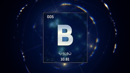 3D illustration of Boron as Element 5 of the Periodic Table. Blue illuminated atom design background orbiting electrons name, atomic weight element number in Arabic language