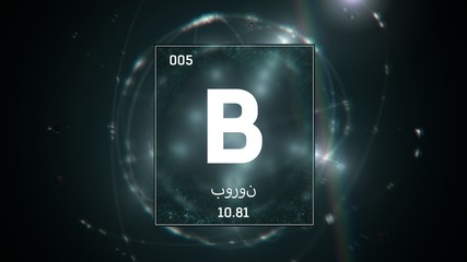 3D illustration of Boron as Element 5 of the Periodic Table. Green illuminated atom design background orbiting electrons name, atomic weight element number in Arabic language