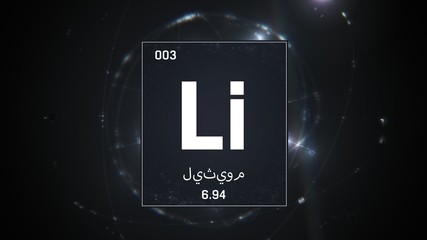 3D illustration of Lithium as Element 3 of the Periodic Table. Silver illuminated atom design background orbiting electrons name, atomic weight element number in Arabic language