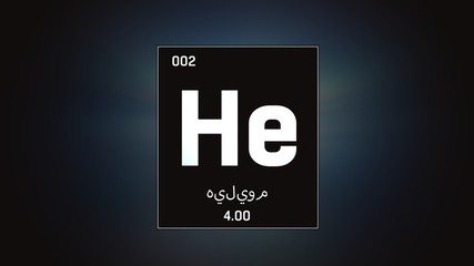 3D illustration of Heliumn as Element 2 of the Periodic Table. Grey illuminated atom design background orbiting electrons name, atomic weight element number in Arabic language