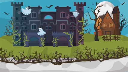 Halloween horror house ghost gloomy cottage flat vector illustration. Nightmare area concept banner, scary mansion. Building overgrown grass and ivy, private terrible place. Autumn holiday.