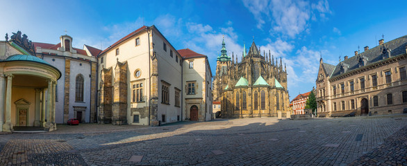 Fototapeta na wymiar Panoramic view of square in Prague Castle with St. Vitus Cathedral, Prague, Czech Republic