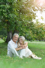 Portrait of beautiful senior couple sitting on grass