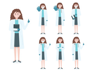 Set of female doctor in various poses. Woman with mask and stethoscope