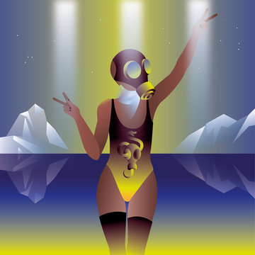 Woman wearing a gas mask on a beach at the North Pole