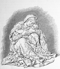 Fototapeta na wymiar The Virgin by Andrea Mantegna, an Italian painter in the old book Histoire des Peintres, by M. Blanc, 1868, Paris