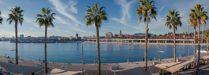 The Port of Malaga Quay 1 wide panorama with palm trees with view of the Malaga Cathedral and the Alcazaba Fortress in Spain.