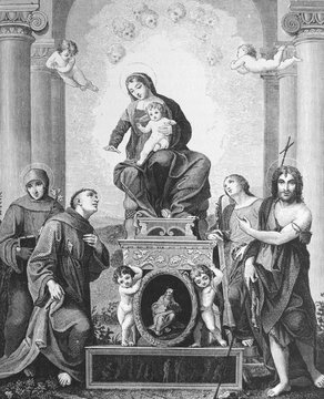 Madonna and Saints by Fra Bartolomeo, an Italian Renaissance painter of religious subjects in the old book Histoire des Peintres, by M. Blanc, 1868, Paris