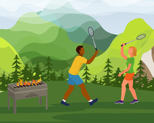 Modern international lovely couple date park picnic, female male pair play badminton game flat vector illustration. Mountain landscape national forest place. Outdoor barbecue chargrill.
