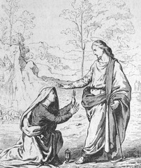Fototapeta na wymiar Jesus and Mary Magdalen by Mariotto Albertinelli, an Italian Renaissance painter in the old book Histoire des Peintres, by M. Blanc, 1868, Paris
