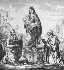 The Virgin, Saint Jerome and Saint Zenobe by Mariotto Albertinelli, an Italian Renaissance painter in the old book Histoire des Peintres, by M. Blanc, 1868, Paris