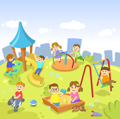 Obraz na płótnie Canvas Happy kids playing in the park on bright cityscape with clouds in the sky. Childhood, playground, fun. Cartoon flat vector illustration.