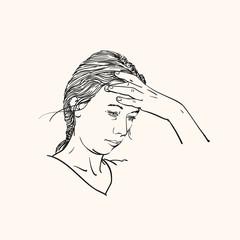 Sketch of young woman has headache holding hand on her head, Hand drawn vector linear illustration