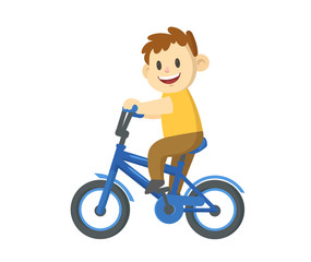Happy smiling little boy riding a bicycle. Cartoon flat vector illustration, isolated on white background.