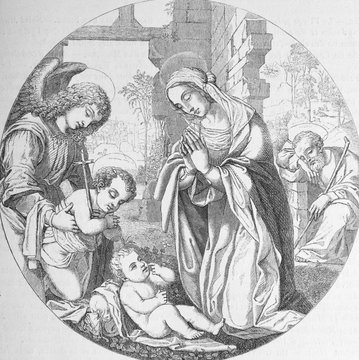 The Virgin adores the Baby Jesus by Lorenzo di Credi, an Italian Renaissance painter and sculptor in the old book Histoire des Peintres, by M. Blanc, 1868, Paris