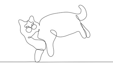 Thick fluffy cat silhouette one continuous line art on a white background. Square vector drawing of a cat lying on its side. The cat looks up, he is relaxed, he is comfortable. For animation,