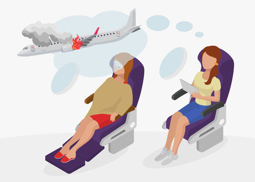 Woman character aerophobia sitting aircraft armchair, female prediction fear flight isolated on white, 3d isometric vector illustration. Thought about plane crash, engine fire explosion jet board.
