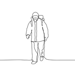 Man wearing protective suits disinfecting space with spray chemicals to prevent the spreading of the coronavirus. One continuous black line art on white background. It can be used for animation.
