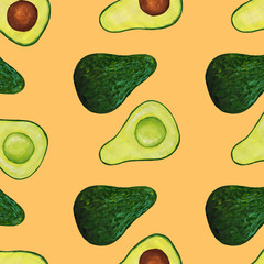 whole avocado and its halves with a seed and bezraster square seamless pattern on light orange background. Hand-drawn in realistic avocado style and parts.