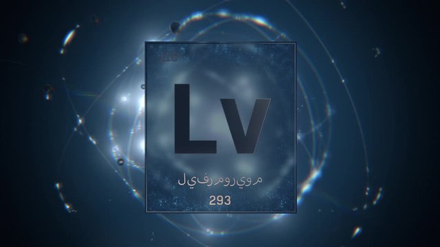 Livermorium as Element 116 of the Periodic Table. Seamlessly looping 3D animation on blue illuminated atom design background orbiting electrons name, atomic weight element number in Arabic language