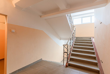 Fototapeta premium Russia, Moscow- January 15, 2020: interior room public place, house entrance. doors, walls, corridors staircase
