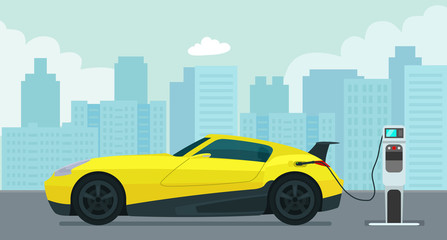 Electric sport coupe car is charging against the background of an abstract cityscape. Vector flat style illustration.