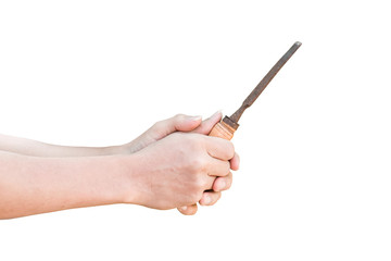 Hand holding old rusty chisel isolated on white background with clipping path.