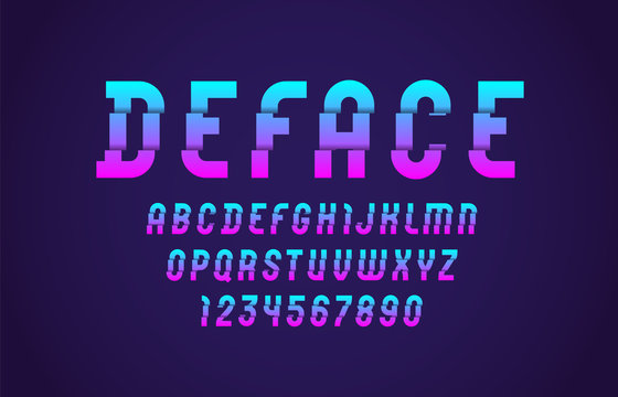 Bright damaged font, trendy colored cutting alphabet, modern letters and numbers, for your designs: logo, t-shirt, card, poster, letterpress, vector illustration 10EPS