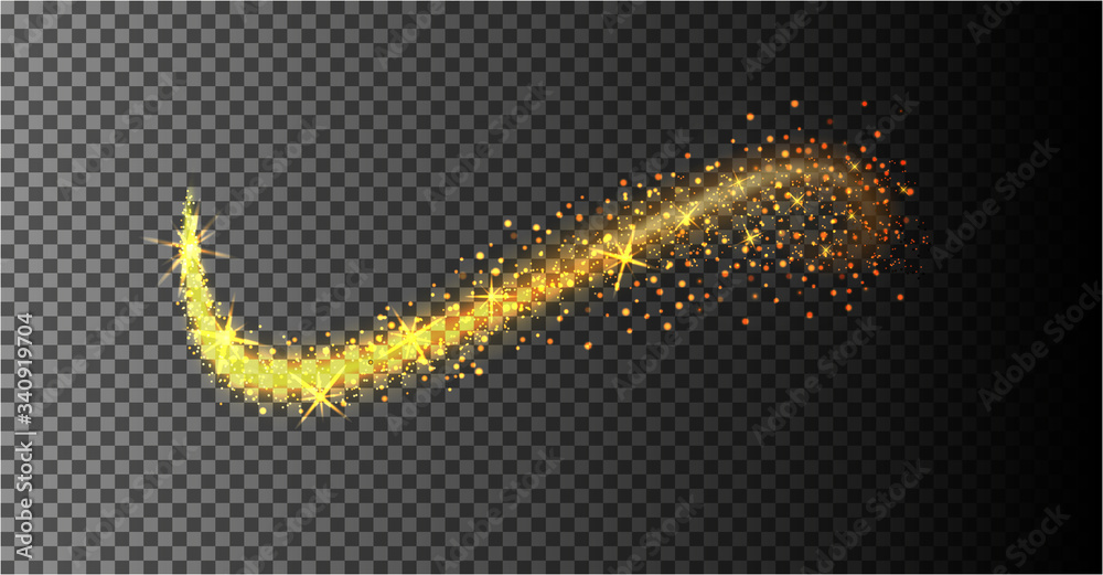 Wall mural confetti glittering wave. vector golden sparkling comet tail. christmas light effect. sparkling gold