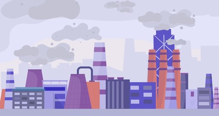 Industrial polluted city, urban scapes concept flat vector illustration. Factory area and plant, pollution of environment, damage to ecological surroundings, not eco friendly factory.