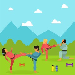 Karate training children character, martial art outdoor place exercise session flat vector illustration. National park area, male female health physical activity. Teach self defense combat skill.