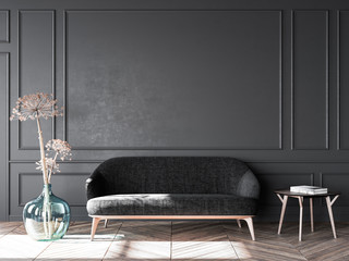 Elegant black living room mock up, Scandinavian interior apartment, trendy furniture. Home decor. Template