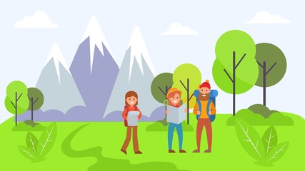 Obraz na płótnie Canvas Outdoor travel mountain traveler, activity character rest natural park flat vector illustration. National forest recreation, people male female walk alpine ridge. Freedom family trip country.